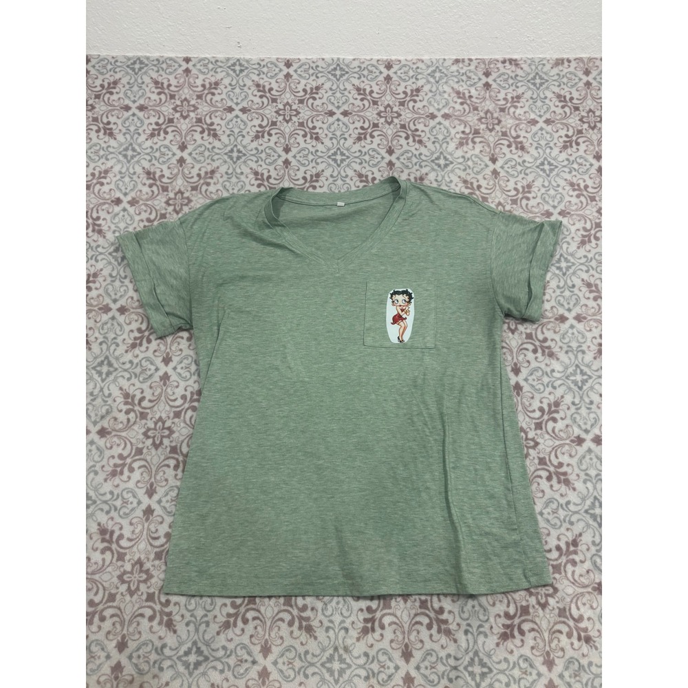 Betty Boop Graphic Pocket T-Shirt Sage Green V-Neck Cuffed Sleeve Size L